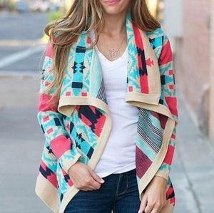 Moon Women's Aztec Print Multi-Color Open Cardigan Sweater Medium